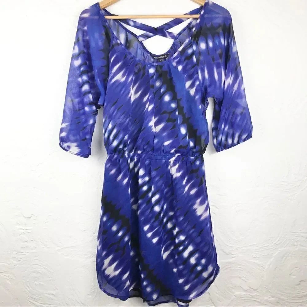 Express Black and Cobalt Tie Dye Chiffon Dress